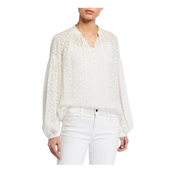 FRAME Spot Jacquard Silk Blend Smocked Peasant Top In Off White - Picture 16 of 16